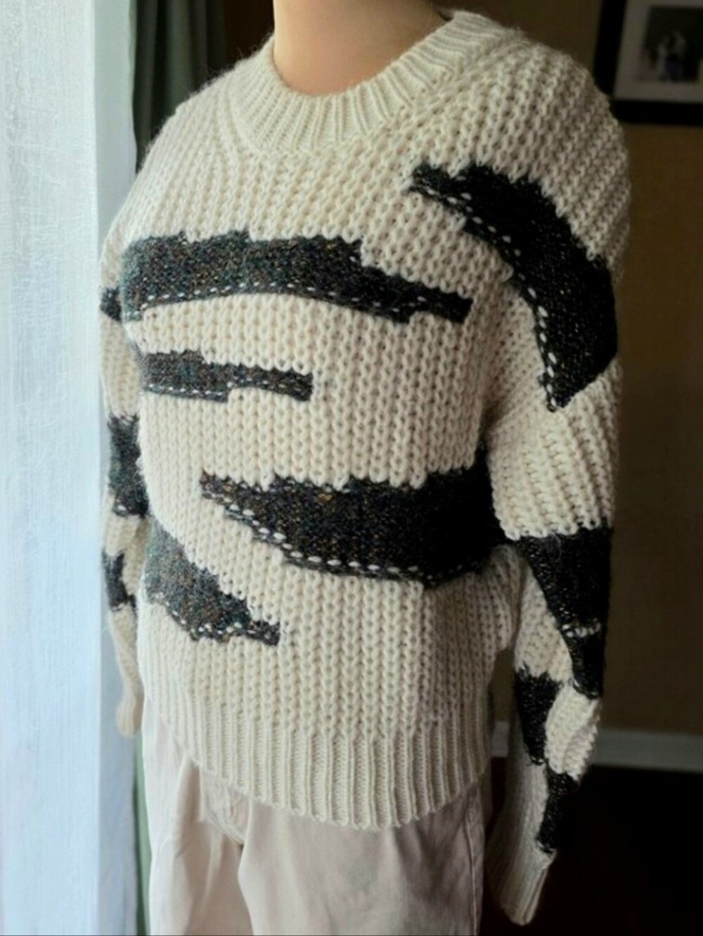ba&sh Cacilie‎ Cream Black Metallic Sequin Chunky Knit Wool Alpaca Sweater Small